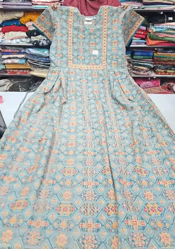 Pure Jaipur Cotton V-Neck Frock Maxi Nighty | NT3603